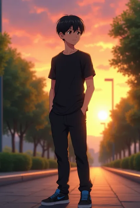  Anime boy (appearance:  straight black hair , brown eyes,  tanned skin, Atletico, adult) (Clothes:  black t-shirt ,  black pants, black sneakers with blue ) (Environment: Park, sunset, looking to the right with your hands in your pockets)   Precise,  The ...