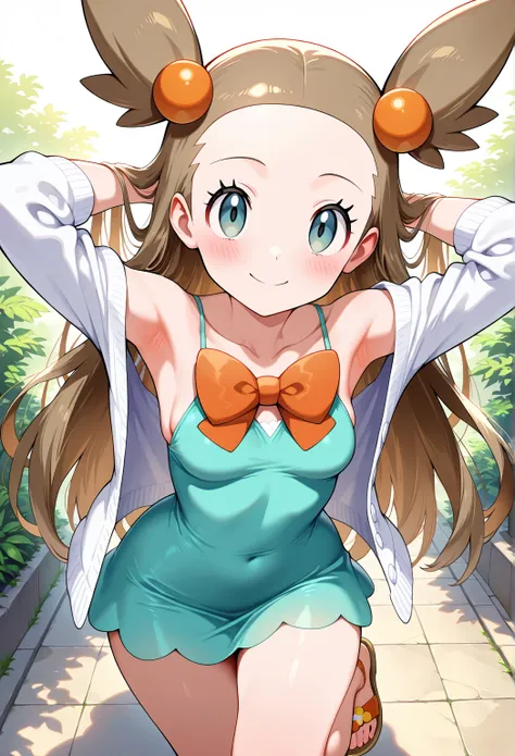 high resolution picture, masterpiece, best quality, amazing quality, official art, solo, 1girl,  Jasmine from pokemon,   PokeJasmine, long hair,
sandals, short white cardigan, collarbone, orange bowtie, sleeves past elbows, (very short dress), aqua dress, ...