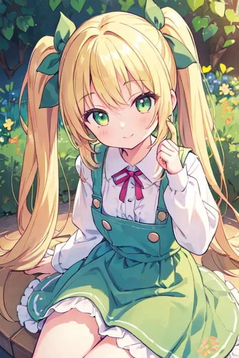 (best quality, masterpiece:1.2), ultra detailed, extremely detailed eyes and face, natural skin texture, detailed skin, natural lighting,
 chibi, 1 girl, 14-years-old, (cute),
 twin tails, blond hair, shiny hair,
 yellow-green eyes,
 (small breasts),
 BREA...