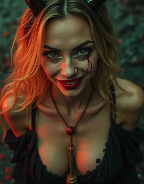 Highly detailed, close up, high angle, RAW photograph,(a bewitching beautiful female devil is looking at the viewer with a mean face through a noose and laughing lasciviously), black goat horns, blonde hair, golden eyes, red lips, big breasts, (((Draw a cl...