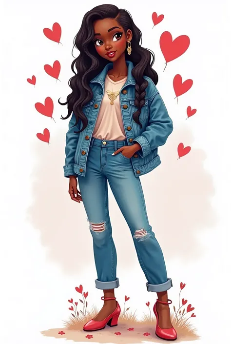 Make a beautiful black woman ,  with cascade braid hair ,  with a very nice denim jacket and a stained blue denim jacket, A beautiful heel well  ,  around her have hearts on a white background, no estilo whimsical,  with soft and delicate tones 