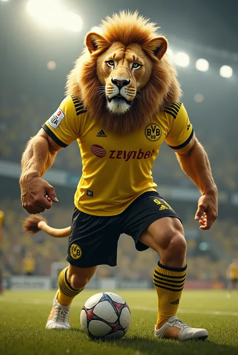 You can create an image of a lion soccer athlete mode, with the Borusia Dormund shirt 