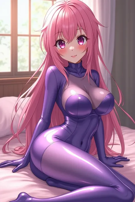 anime girl, A cute Japanese high school girl with long pink hair, natural breasts, A cup chest, narrow shoulders, is wearing a high-gloss metallic purple latex translucent suit, (latex fabric thickness 0.10mm), (high collar), long sleeves, the second layer...