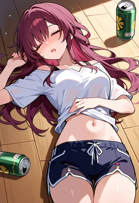 1girl, solo, kafka (honkai: star rail), hair down, closed eyes, open mouth, sleeping, drool, medium breasts, bare navel, shirt, shorts, narrow waist,blush, drunk:1.3, beer cans, lying on floor, {{{masterpiece,best quality,amazing quality,very aesthetic,hig...