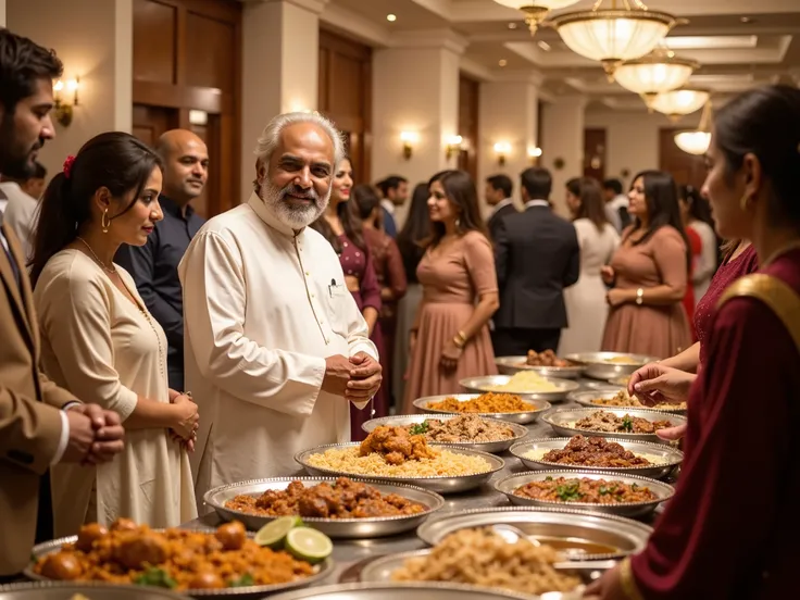 A stunning, high-resolution photograph capturing a traditional Pakistani wedding's lively dinner buffet scene. A wise, older man in a crisp white kurta stands at the buffet table, warmly smiling at an unseen individual, speaking. The buffet table is filled...