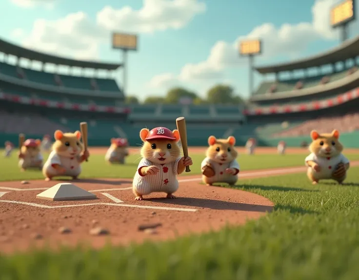 masterpiece, best quality, photo realistic ,  realistic , photography, Hamsters playing baseball at a baseball field