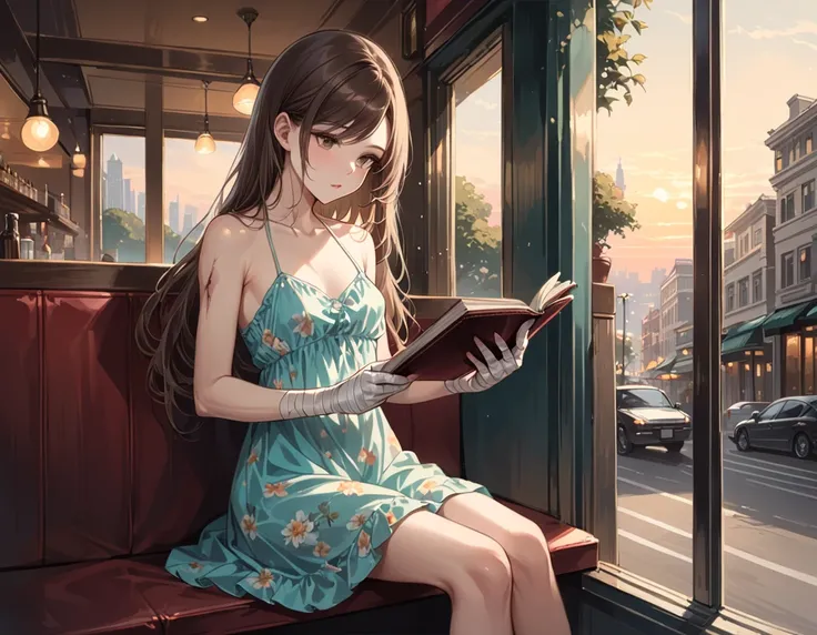  (Masterpiece, best quality), intricate details, JK, highly detailed, intricate details, holding up menu, reading menu, ((brown eyes, brown hair, very long hair, hair with teal highlights, long swept bangs)), ((spaghetti strap sundress, floral sundress, ha...