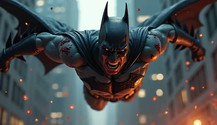 Flying Angry wounded Batman blood on his all body hd zoom