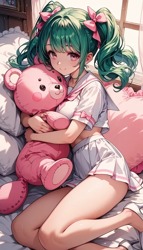 score_9, score_8_up , score_7_up ,source_anime,1cute girl, EMERALD hair,  pattern 、 twin tails,  pink ribbon , Cute Smile ,  Large breasts, A cute white sailor suit with pink lines, miniskirt, pink eyes, White High Heels ,profile, on a clean bed,Hug a smal...