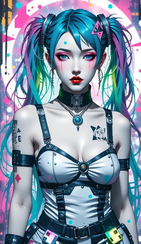 ((Hatsune Miku)), (heavy blushing), ((luminous design)), blue hair, blue eyes, seductive expression, (lewd), (ecchi), multicolored hair, underboob, (cyberpunk), (punk), (((((huge tits))))), neon skirt, choker, rave, wristband, sexy, submissive, ((natural l...