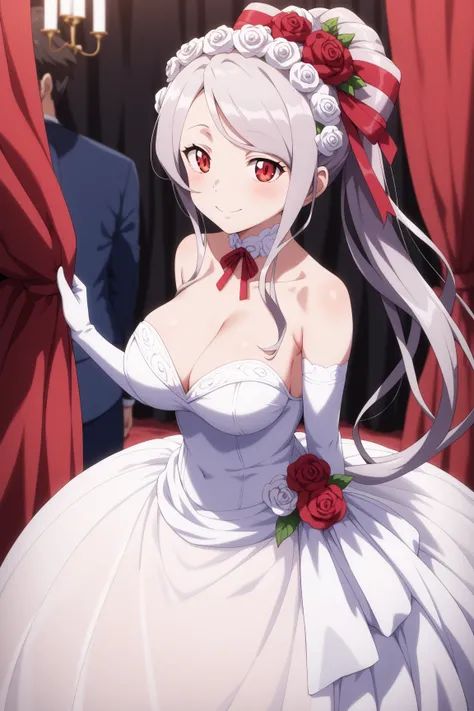 masterpiece,best quality,{{detailed beautiful face and eyes}}, very detailed background,
Shalltear Bloodfallen,{{{megami magazine}}},long hair,grey hair,ponytail,hair ribbon,striped ribbon,red ribbon,black ribbon,red eyes,large breasts,
1girl,hairstyle: (w...