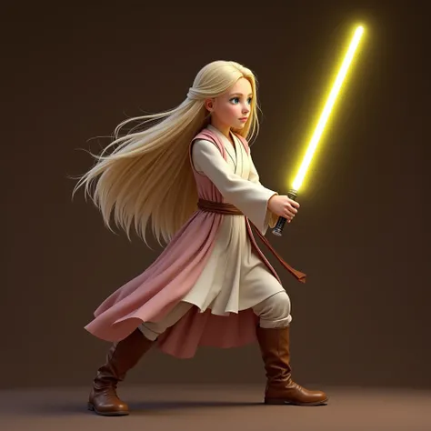 Recreate a  girl ((MAKE IT REALISTIC 4K ))  with long blond hair .  with blue eyes.  That she wears white and pink Jedi robes.  Who wears tall brown boots .  holds a yellow lightsaber with her hand. She stands offensively throwing a lunge . With dark brown...