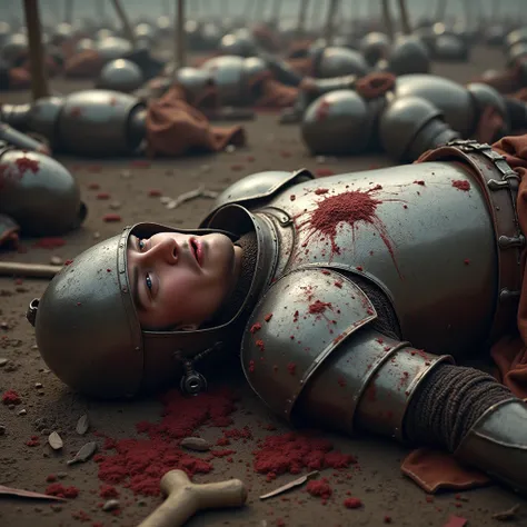 High resolution, masterpiece, photorealistic, a bloody dead body of male soldier dressed in broken medieval armour is lying face down on the ground of the battlefield. Around him, there are dead bodies of defeated soldiers over there.