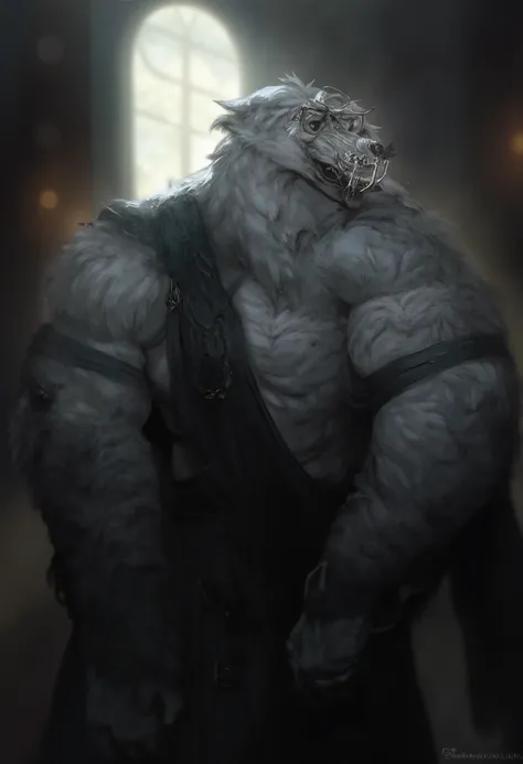 A tall, fierce-faced, white furry wolf, wearing glasses that reflect the cinematic lighting of the place, an image of his abdomen sticking out, a fit body wearing old-fashioned black clothes that refer to the Noir themed movies , Strong lighting and good a...