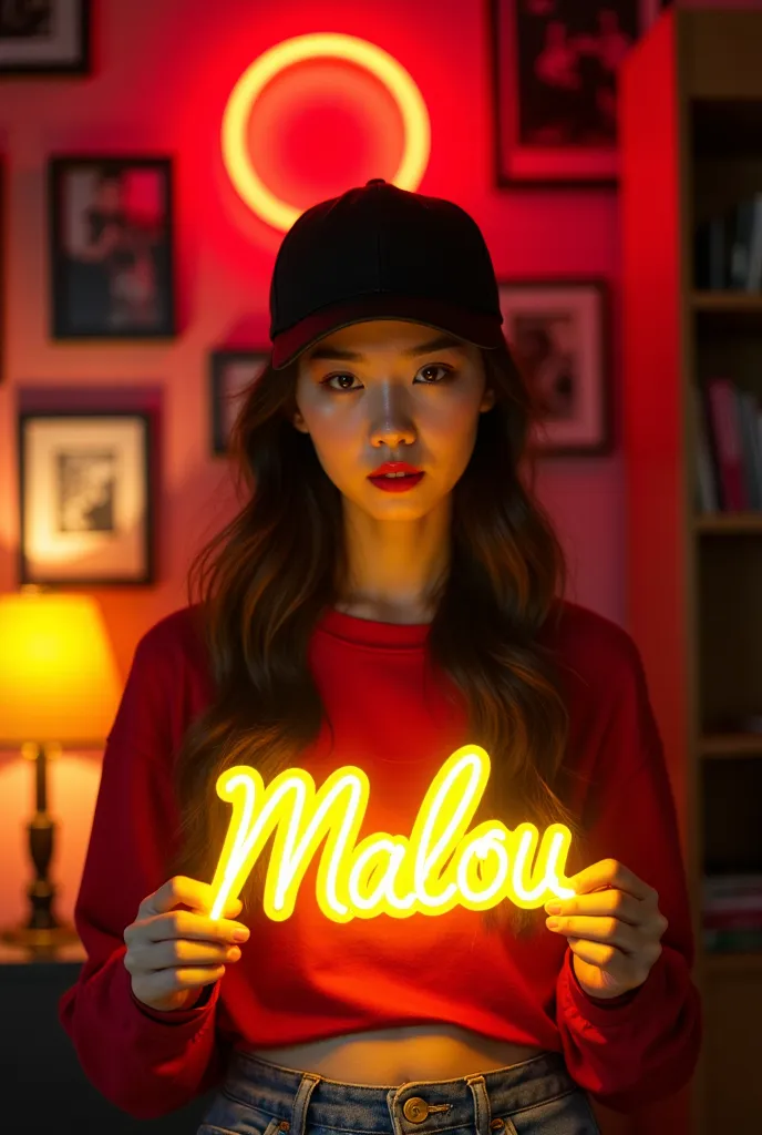 "A portrait of a young Korean woman in a dimly lit setting with dramatic red and orange lighting. She is wearing a black baseball cap, a red long-sleeved shirt, and jeans. The woman is holding a yellow neon sign that says 'Malou' in front of her. Her expre...