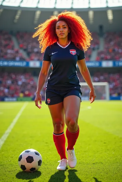 Creates an image of a woman with curly red hair and a big breast on the soccer field 