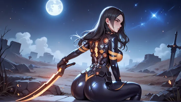 Sexy Tachy de Stella Blade, UHD,   big breasts,  long hair,  very black hair ,  black eyes ,  Moon under the left eye, very tight black suit, in a wasteland, sitting, sweating, In the background a very starry night sky, With a great sword of light, pose se...