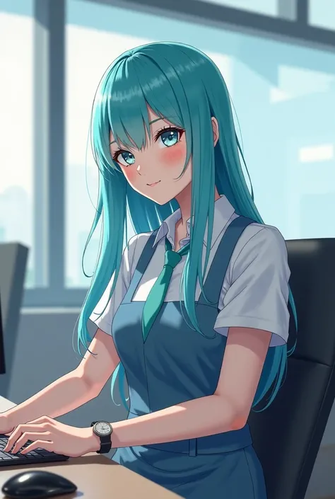 A young woman with turquoise hair, light blue eyes, wearing an office worker's dress, sitting in the office room with a mole to stand out Hair length to the middle of the back, Increase bust cup size f