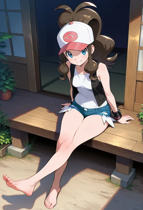 high resolution picture, masterpiece, best quality, amazing quality, official art, solo, 1girl,  Hilda from pokemon, 1girl,  pokemonhilda, blue eyes, brown hair, long hair, ponytail, baseball cap, blue shorts, denim, hat, shorts, vest, wristband, sleeveles...