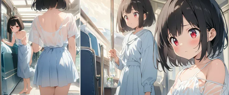  girl 、 Bob Cut、 black hair、stupid hair、 red eye、Sailor suit with long skirt、translucent slip、、 glare、 bed starting at the foot、Masterpiece、 best quality 、  Detailed Help 、 cute anime 、 illustration of a train、 high resolution,  Attention to Details, 超 hig...