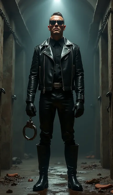 A gay champion in black leather outfit, Ledermantel, Leather gloves ,  leather boots with long shaft ,  sunglasses, handcuffs in the right hand, dungeon 