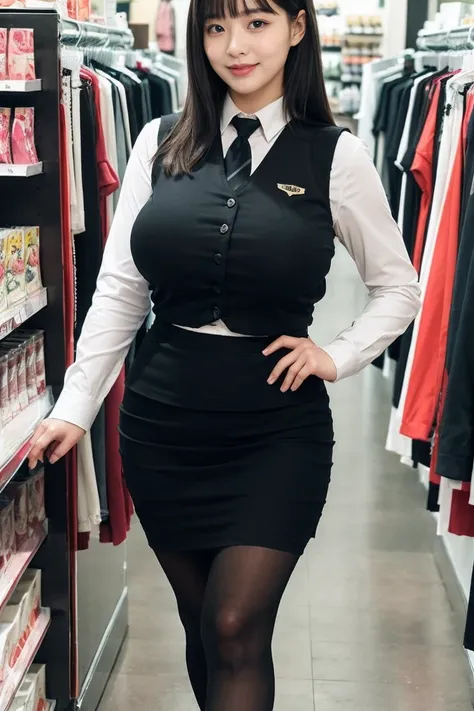 uniform、Female store clerk、 girl 、Big Breasts、Blonde、、bangs、 long sleeve blouse、( black uniform vest :1.3)、( black culotte skirt:1.3)、(red striped tie)、 thighs、 Black Socks、black pumps,full body,smile、Pachinko parlors、
