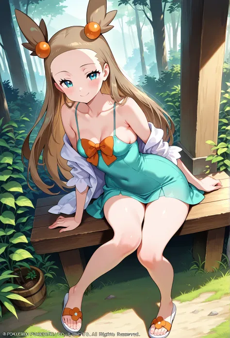 high resolution picture, masterpiece, best quality, amazing quality, official art, solo, 1girl,  Jasmine from pokemon,   PokeJasmine, long hair,
sandals, collarbone, sleeveless, bare shoulders, orange bowtie, sleeves past elbows, (very short dress), aqua d...