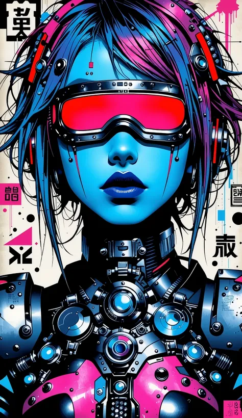 ((best quality)), ((masterpiece)), (detailed), perfect face of cyberpunk mecha japanese girl with neon red techno blindfold, neon blue body, neon purple hair, ((monochromatic neon red, blue, and purple color palette)), surreal, art nouveau, in the illustra...