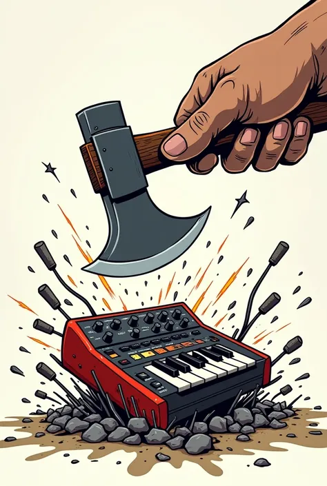 Axe cutting the Roland sp404 drum machine in a stiker cartoon 