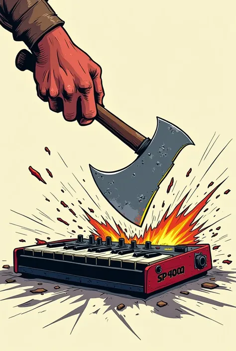 Axe cutting the Roland sp404 drum machine in a stiker cartoon 