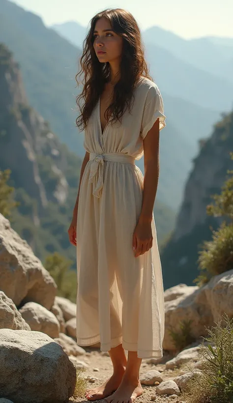 1 girl barefoot  ,   brown wavy hair,   full size style,   brown eyes,   casual wear   , Spanish features   , in the mountains, stones, the spirit of the stones