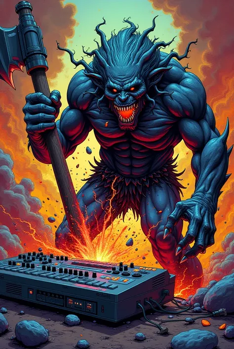 Demonic axe cutting Roland sp404 drum machine in a stiker cartoon 