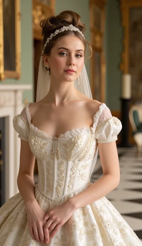 A breathtaking Regency-era wedding scene set in 1812, inspired by the lavish romance of the Bridgerton era. The bride stands gracefully in a sumptuous bridal gown crafted from the finest ivory silk and adorned with intricate floral embroidery in gold and s...