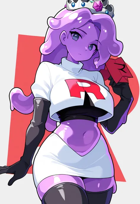 masterpiece, best quality, 1girl, solo, looking at viewer, queenslime, long hair, crown, colored skin, slime girl, large breasts, curvy, purple hair, team rocket,team rocket uniform,white skirt,red letter R,crop top,black thigh-highs,black elbow gloves, co...