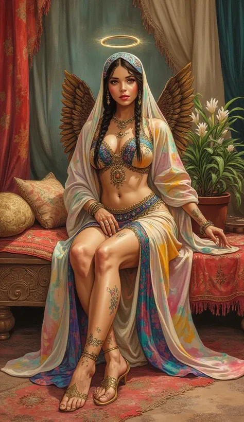 the proportions and detailed textures multicolored brushwork and softened with airbrush, a semi-realistic ink china illustration of a beauty exotic to a young virgin Mary with her halo of sanctity (full body) and shy pose, angelic face,  innocent look (bri...