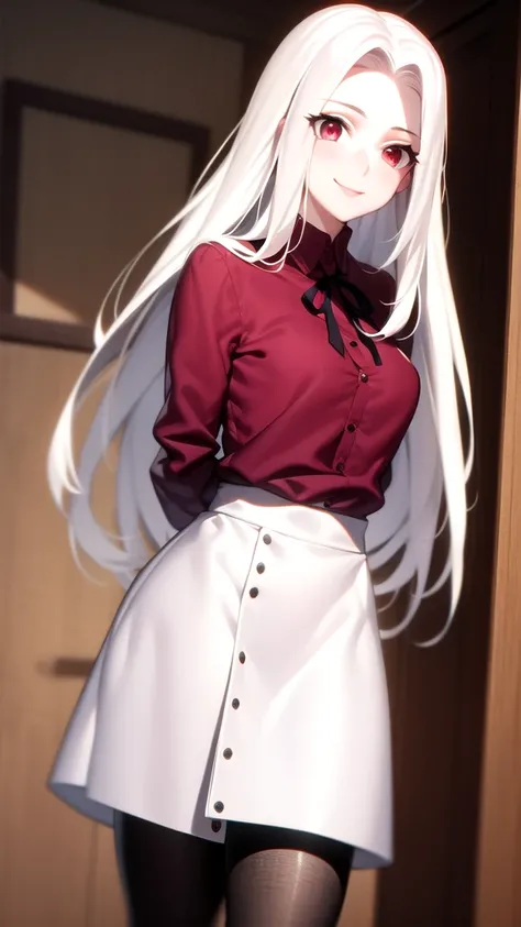 masterpiece, best quality, absurdres, perfect anatomy, 1girl, solo, Irisviel von Einzbern, long hair, red shirt, dress shirt, white skirt, pantyhose, cowboy shot, standing, smile, indoors, arms behind back