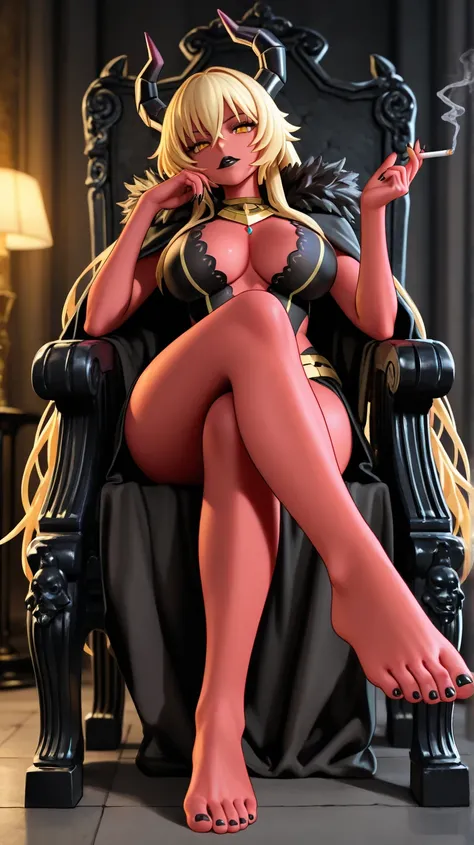 A demon woman with red skin and black horns, blonde with amber eyes. , Tall with black lipstick,  smoking a cigarette,  goddess body and large feet size 42 , She is cruel and sadistic ,  she is seated on a black onyx stone throne barefoot with her legs cro...