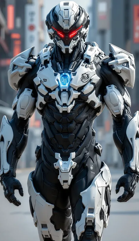 a man, in futuristic white cyborg armor, with carbon details, with red and blue neons, a police emblem on the chest, futuristic military armor, realistic details, walking in a futuristic city patrolling, year 2100,