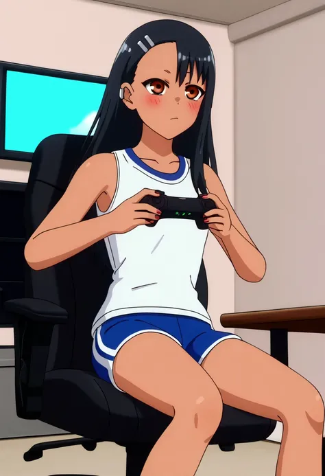 nagatoro :( best quality, ),sexually,  erotic, 18+, nsfw, 1 , 1 , Dressed in the Real Madrid jersey ,   image quality 4k   , standing, straight posture, holding the ps5 controller, shorts ,   sitting in the gaming chair  