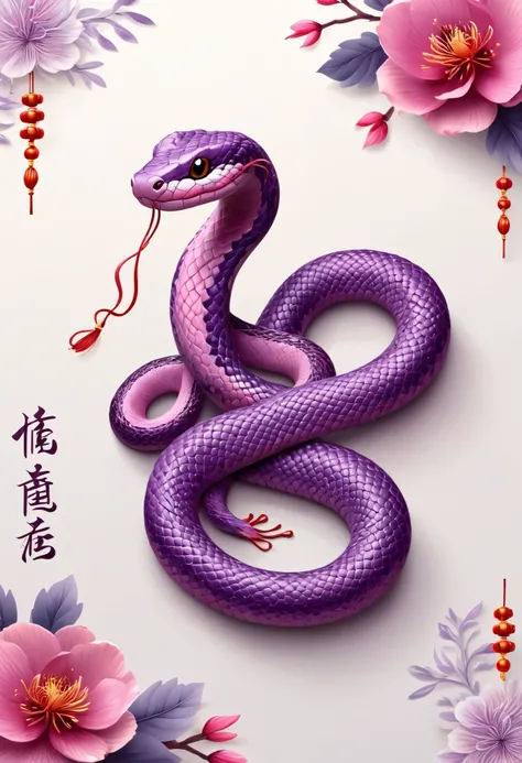 Purple cute little Chinese snake white background luxury poster with intricate detail calligraphy composition colorful illustrations traditional chinese new year masterpiece realistic 8k special details professional