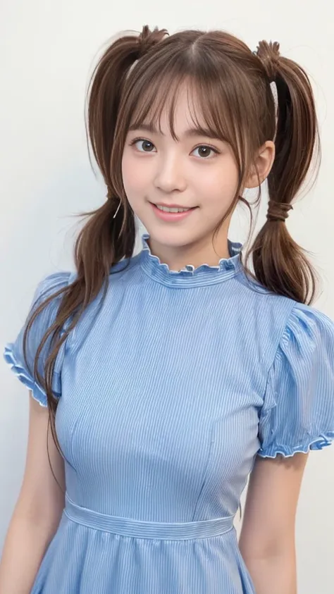 ( best quality :1.5), ( real :1.4), ( Ultra Fine:1.4), (1idol girl ), (19-years-old idol girl), (very cute face with droopy eyes:1.2), (big breasts), (light bule dress), (light brown long high position twin tails with bangs:1.2), (very cute big smile), (cu...