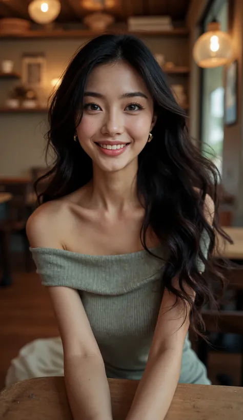   This is a beautiful photo of a woman,   black hair flowing down her shoulders  . She is wearing a boatneck dress  , standing in a cafe.   staring at viewer  . smile  .
