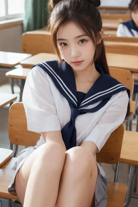  1 girl,  sailor suit 、Big Breasts, classroom, study,  sitting at a desk 、 bun hair for your toes