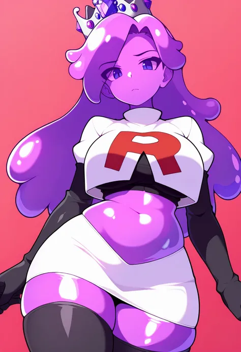 masterpiece, best quality, 1girl, solo, looking at viewer, queenslime, long hair, crown, colored skin, slime girl, large breasts, curvy, purple hair, team rocket,team rocket uniform,white skirt,red letter R,crop top,black thigh-highs,black elbow gloves, co...