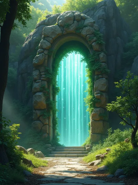 A huge, fantasy-style light gate with many runes，outside of the door is rock mountain and inside of the door is another viewer with 大草原， door is filled with vines and plants that extend into the door， realistic style 