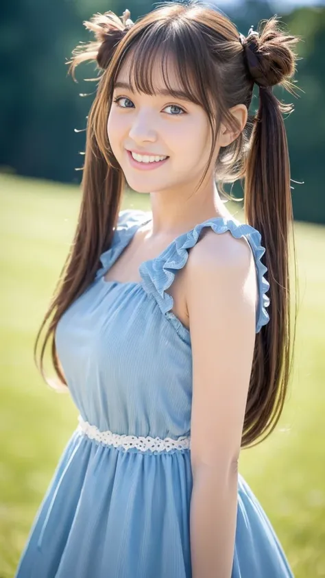 ( best quality :1.5), ( real :1.4), ( Ultra Fine:1.4), (1idol girl ), (19-years-old idol girl), (very cute face with droopy eyes:1.2), (big breasts), (light bule dress), (light brown long high position twin tails with bangs:1.2), (very cute big smile), (cu...