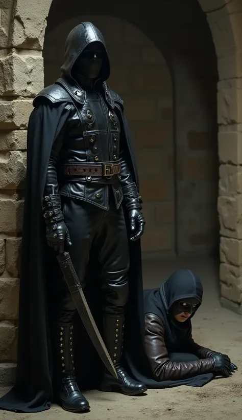 A young man in black leather outfit,  leather gloves , leather pants,  leather boots with long shaft , leather coat , whole leather mask, Knife in the left hand, dungeon, young man lying on the ground 