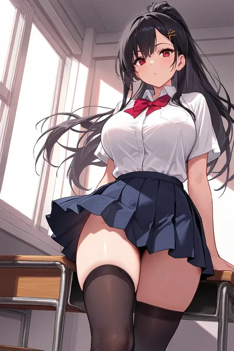 8k,masterpiece, best quality, ultra detailed, high resolution, super fine illustration, 1girl, solo, red eyes, black hair, long hair, ponytail,large breasts,hairpin, school uniform, collared shirt, pleated skirt, thighhighs, upper body,