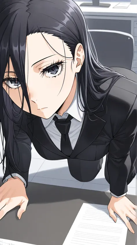 silver( Bungo Stray Dogs)
High quality ,  best quality , masterpiece,  High Resolution , detailed face , anatomically correct,
alone, 1 woman,alone, adult woman
 close up,
Office, desk, chair
Long hair  ,  black hair,Straight Hair, long bangs,Bangs between...