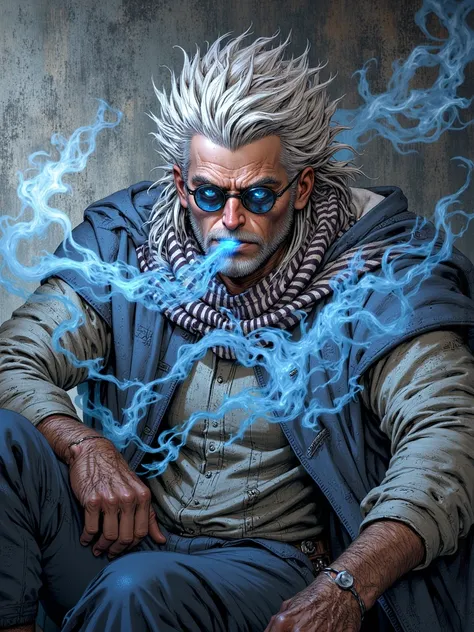  strong man,  disheveled white hair  ,  blue eyes,  he has lenses from the lenses blue smoke comes out ,  he has a striped scarf that covers his mouth, He is wearing a blue coat ,  blue smoke comes out of his eyes ,  he is sitting with a serious look 